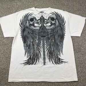 MMA ELITE White All Over Print Tee Size XL Angel Wings Skull Graphic Grunge
